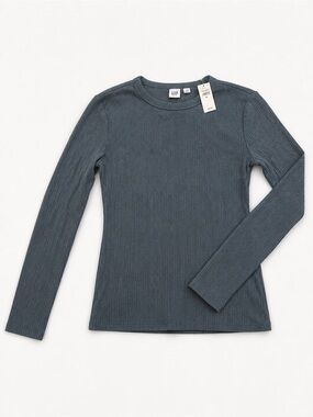 NWT GAP Ribbed Crew Neck Long Sleeve Top – Slate Blue/Gray – Soft Stretch